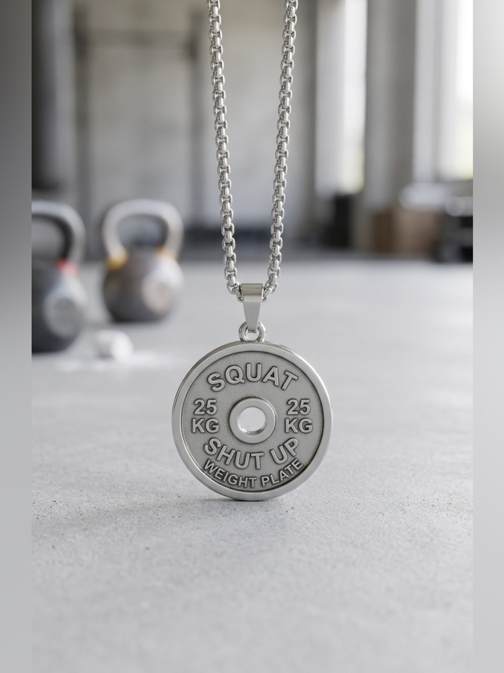 Silver Weight Plate Pendant Necklace Gym Fitness Squat & Shut Up 25KG Chain